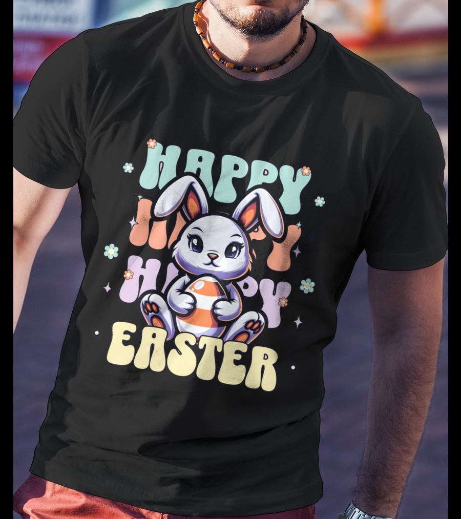 Happy Easter Bunny Holding Egg Pastel Flowers T-Shirt