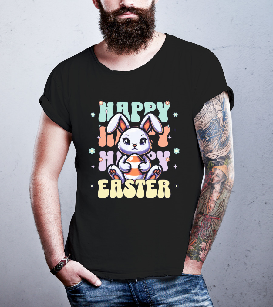 Happy Easter Bunny Holding Egg Pastel Flowers T-Shirt