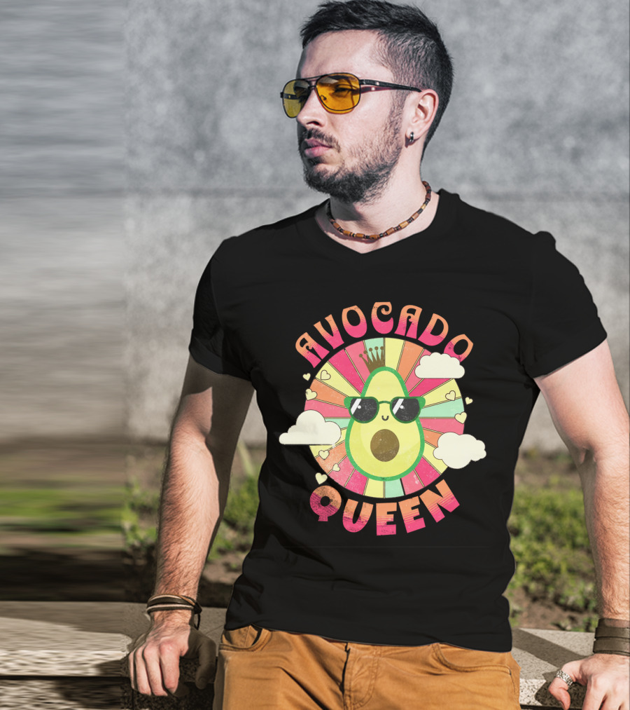 Avocado Queen Kawaii Crown Sunglasses Retro Sunburst Hearts Clouds T-Shirt