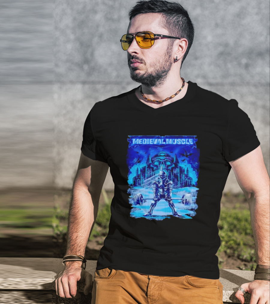 Medieval Muscle Knight Lifting Weights In Gothic Castle Scene T-Shirt