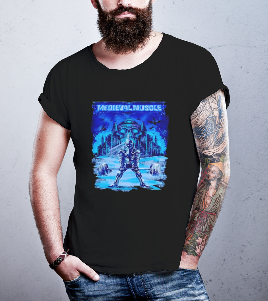 Medieval Muscle Knight Lifting Weights In Gothic Castle Scene T-Shirt