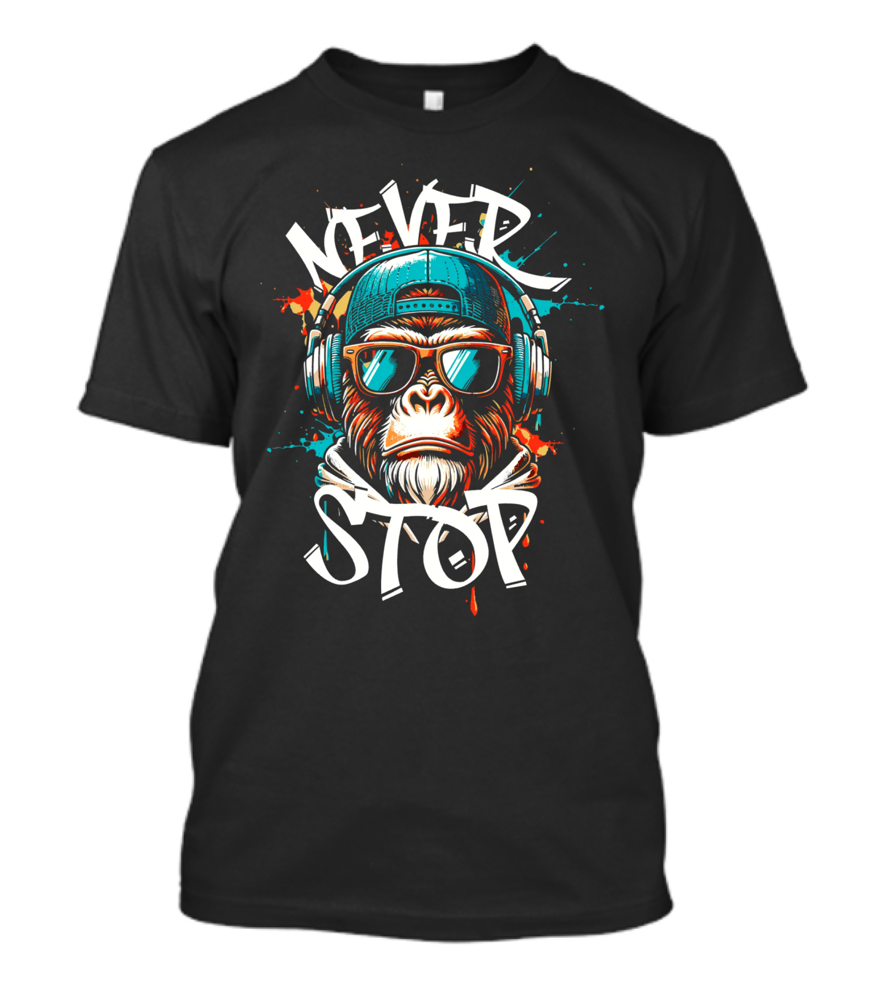 NEVER STOP Cool Monkey In Headphones T-Shirt