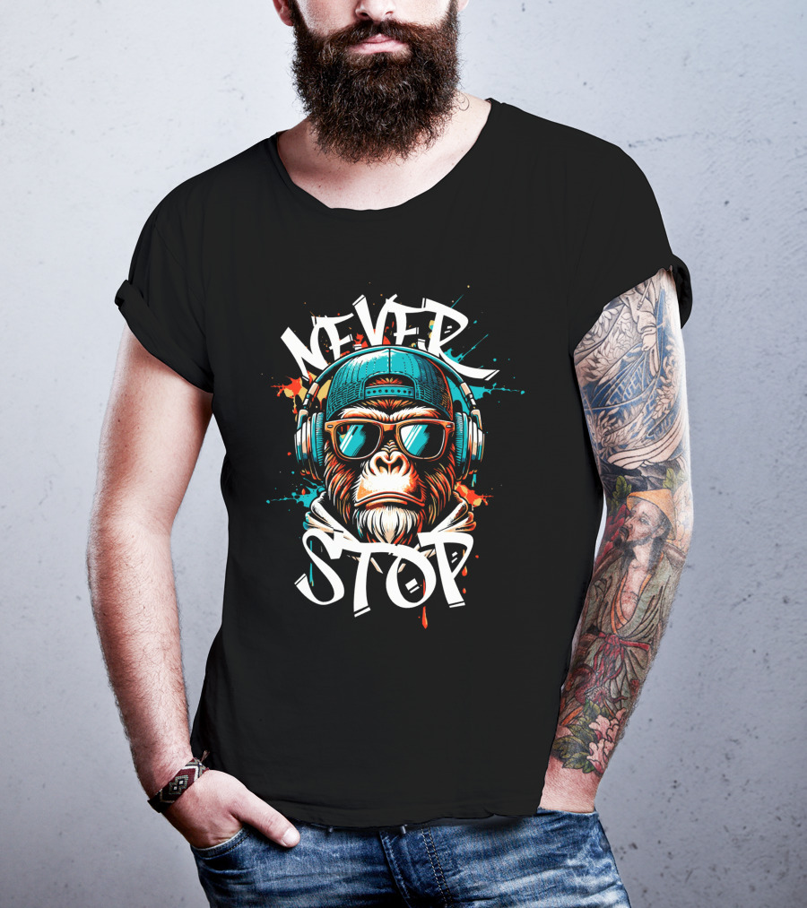 NEVER STOP Cool Monkey In Headphones T-Shirt
