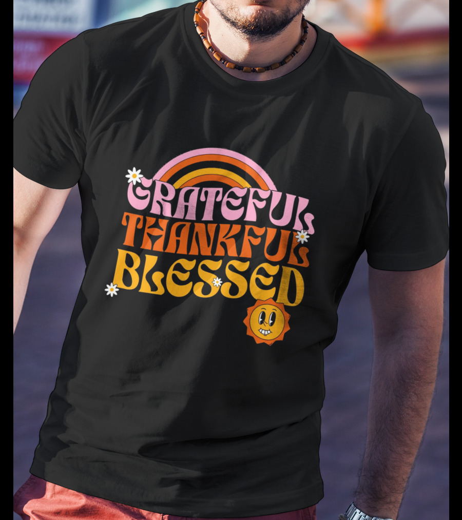 Grateful Thankful Blessed Retro Rainbow Sunflower Smiley Face T-Shirt