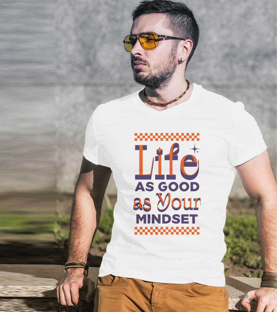 Life As Good As Your Mindset Retro Orange Purple Checkerboard T-Shirt