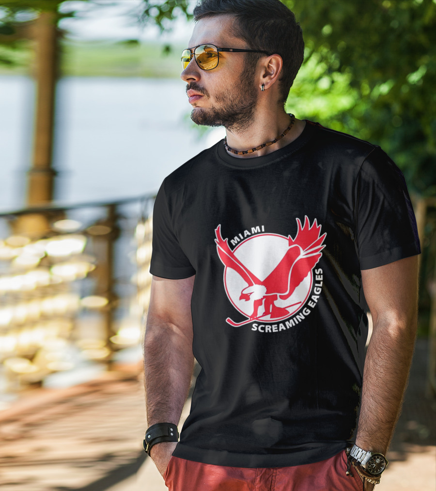 Miami Screaming Eagles Hockey Red Eagle Emblem T-Shirt