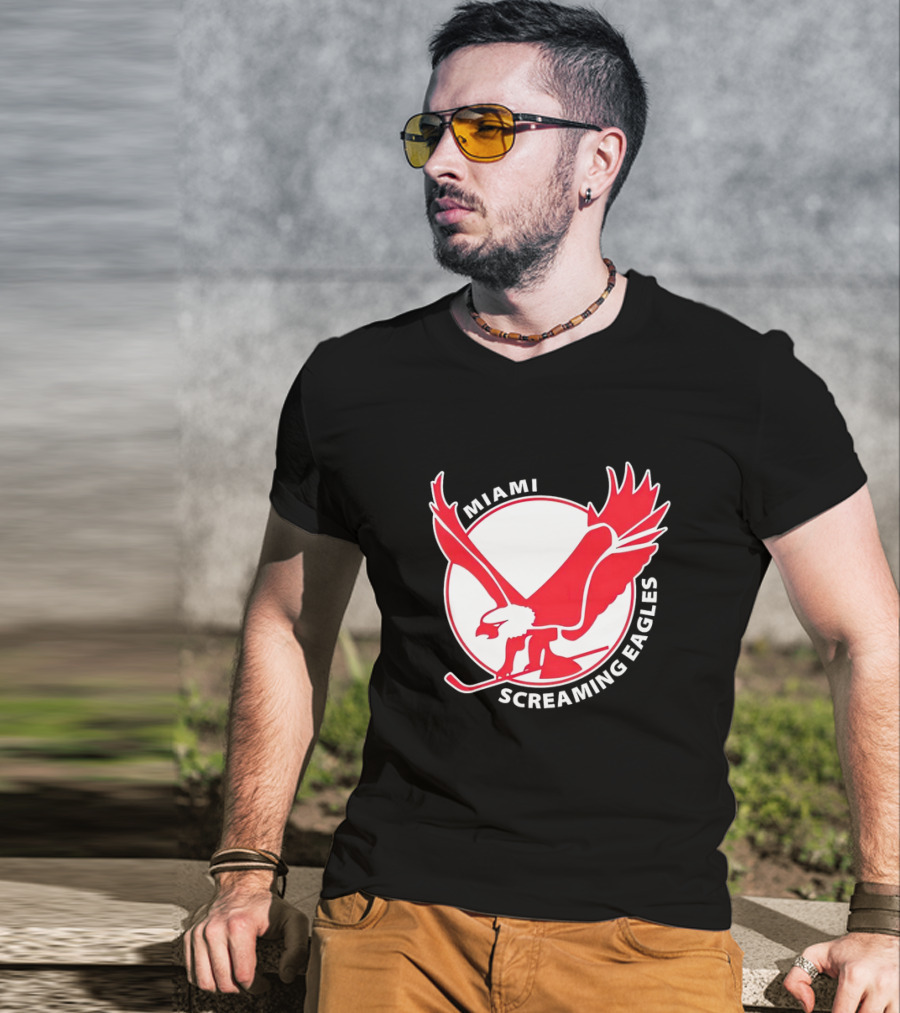 Miami Screaming Eagles Hockey Red Eagle Emblem T-Shirt