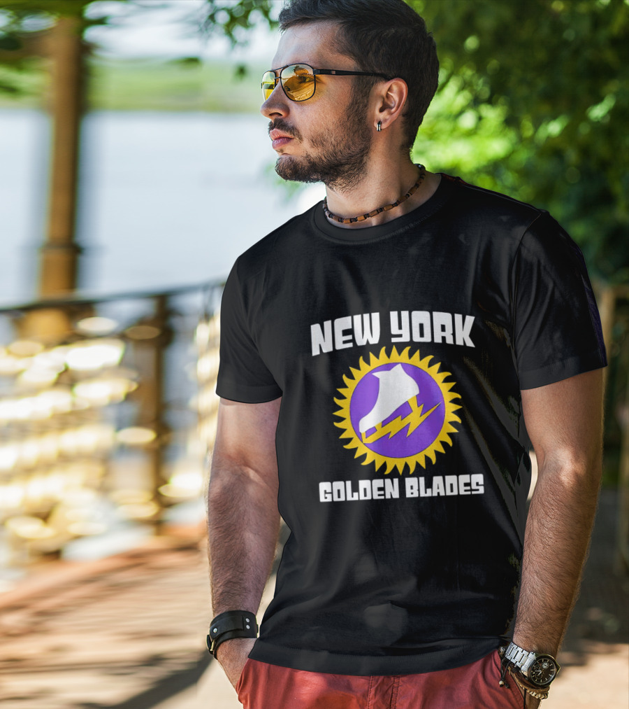 New York Golden Blades Ice Skate Logo With Purple And Gold Sunburst T-Shirt