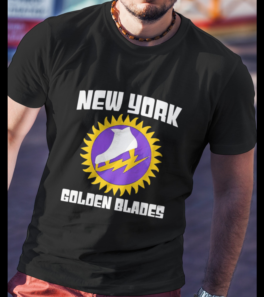 New York Golden Blades Ice Skate Logo With Purple And Gold Sunburst T-Shirt