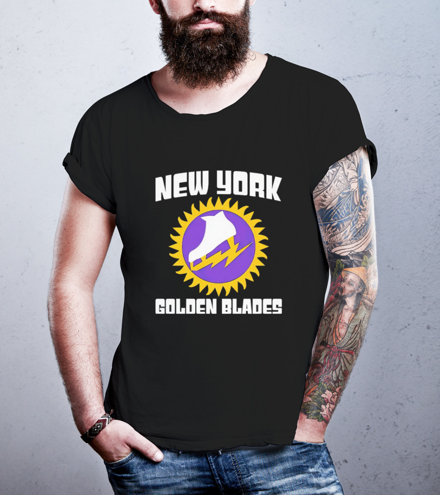 New York Golden Blades Ice Skate Logo With Purple And Gold Sunburst T-Shirt