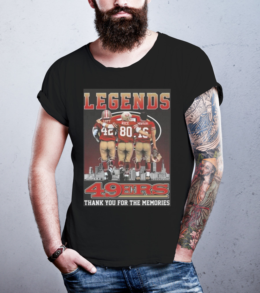 49ers Legends Montana Rice Lott Thank You For The Memories Skyline Signatures T-Shirt