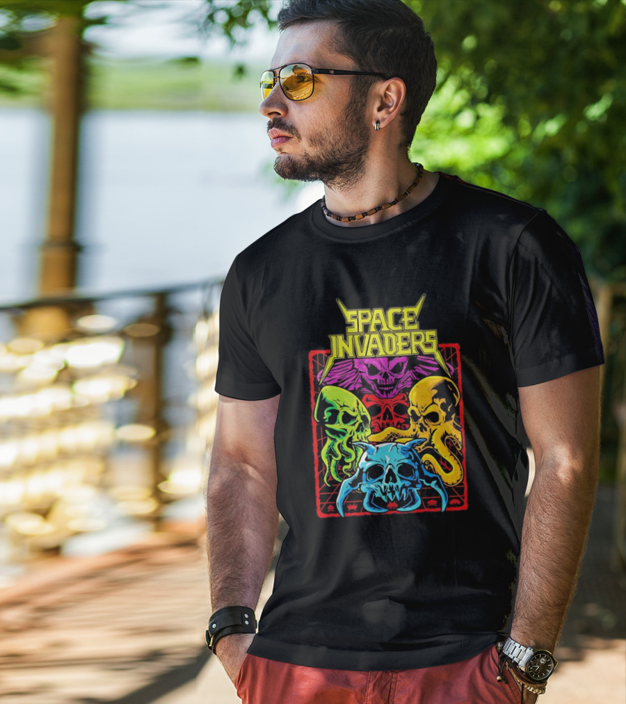 Space Invaders Neon Skull Cthulhu Quartet T-Shirt