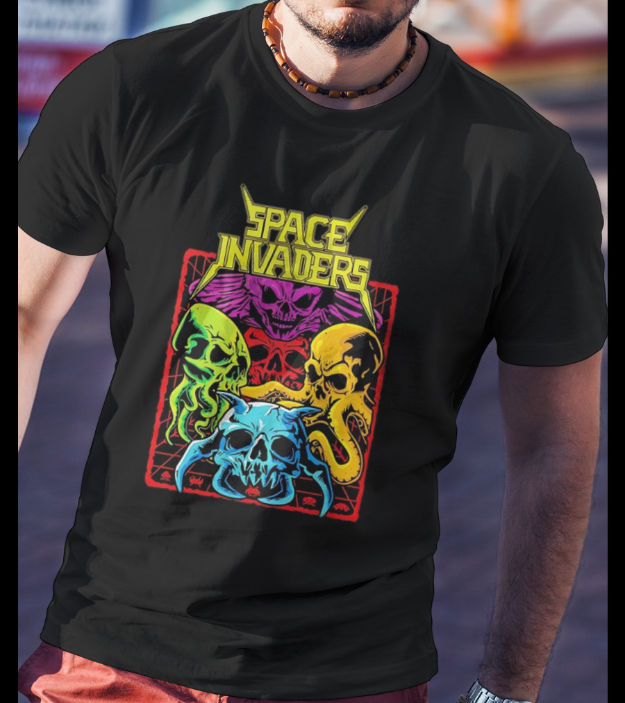 Space Invaders Neon Skull Cthulhu Quartet T-Shirt