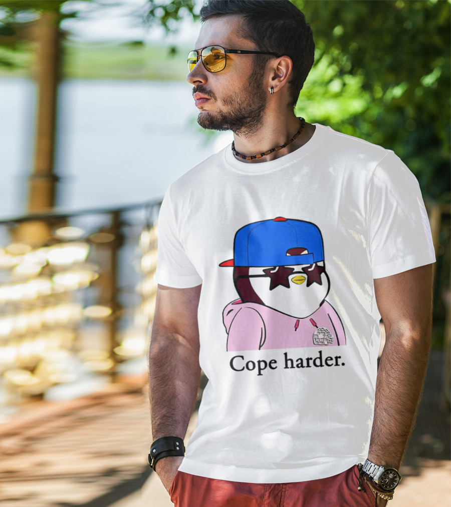 Pudgy Penguin Cope Harder Star Shades Blue Cap Pink T-Shirt