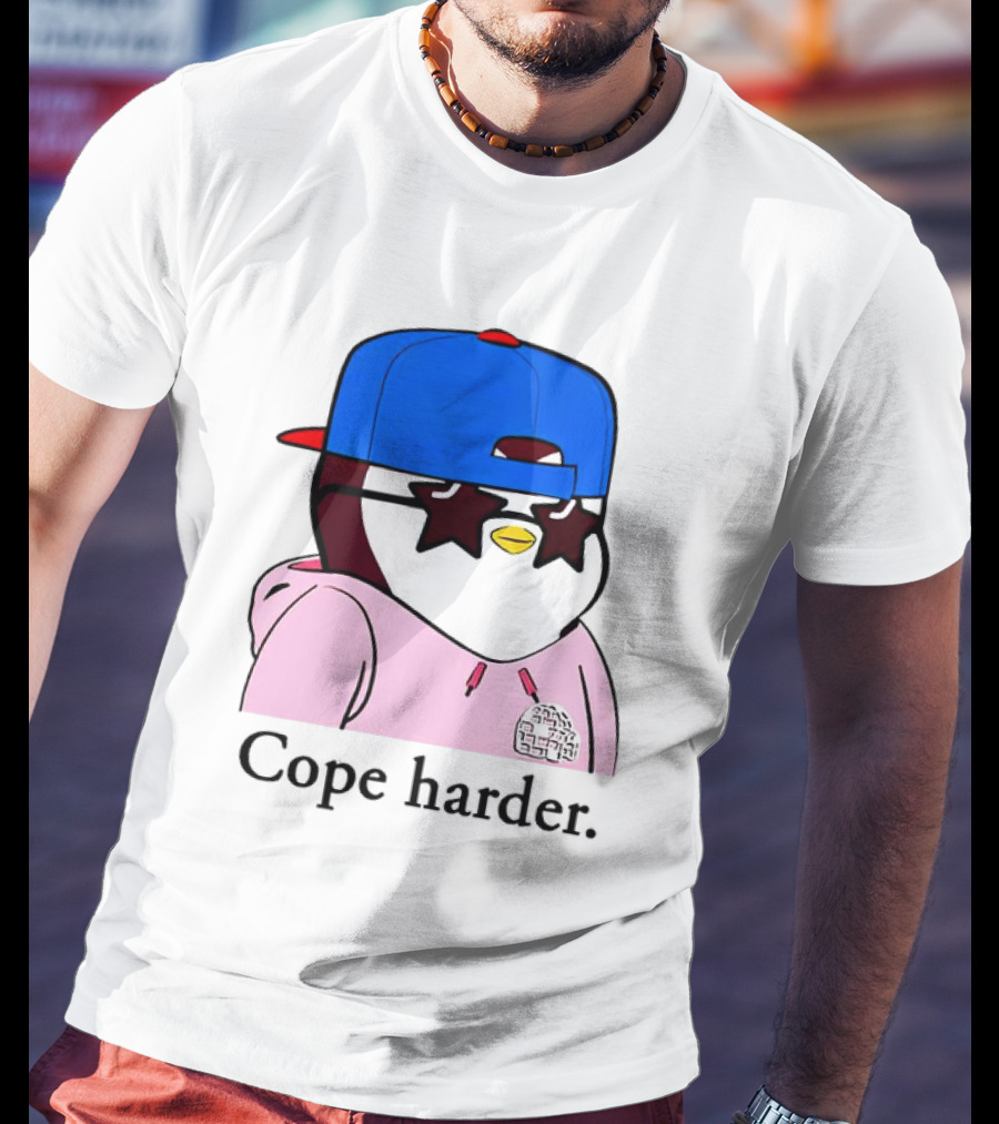 Pudgy Penguin Cope Harder Star Shades Blue Cap Pink T-Shirt