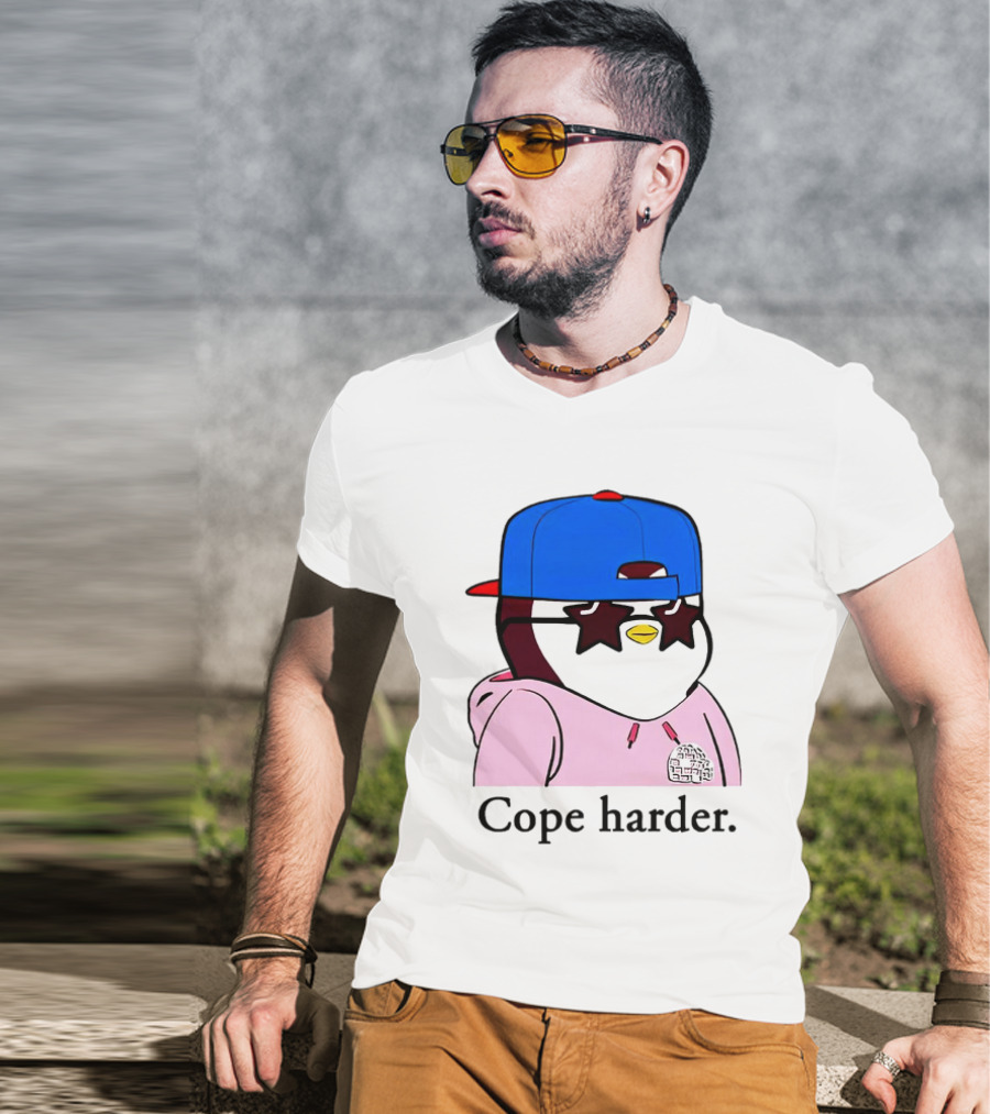 Pudgy Penguin Cope Harder Star Shades Blue Cap Pink T-Shirt