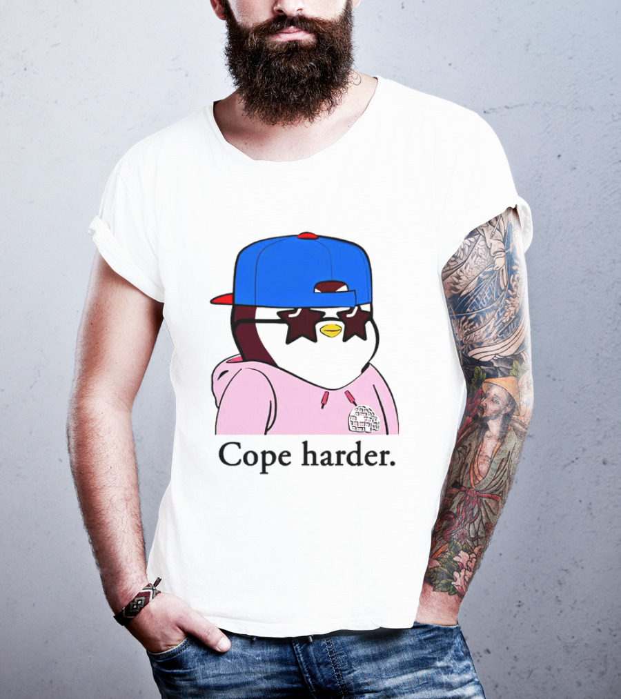 Pudgy Penguin Cope Harder Star Shades Blue Cap Pink T-Shirt