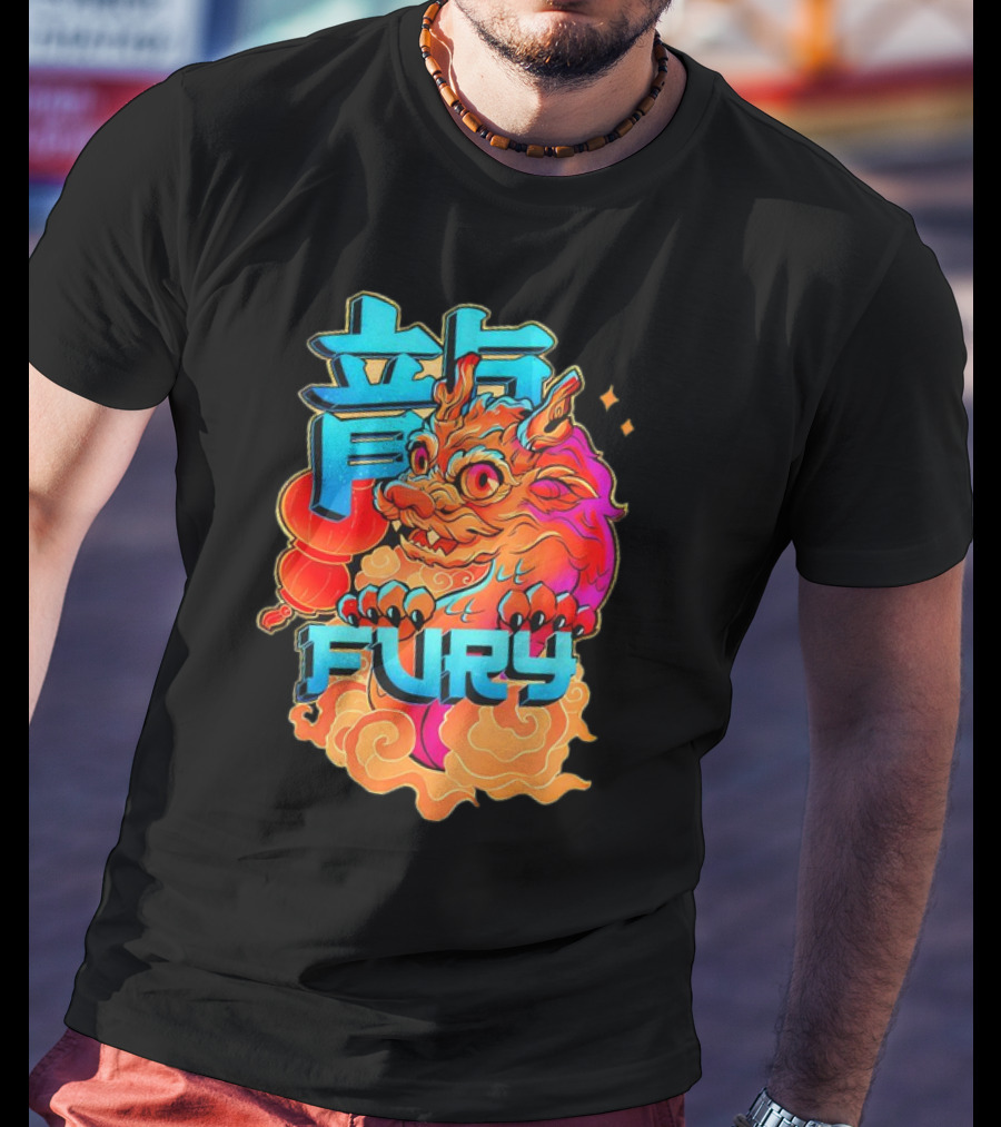 Dragon Fury Vibrant Mythical Creature With Neon Chinese Characters T-Shirt