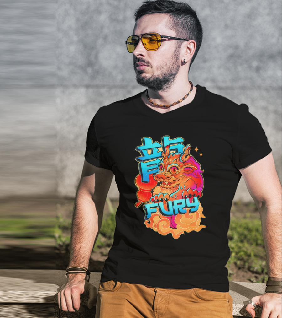 Dragon Fury Vibrant Mythical Creature With Neon Chinese Characters T-Shirt
