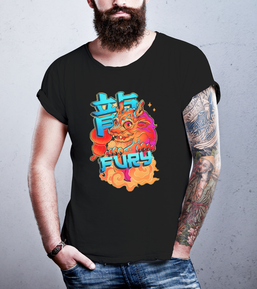 Dragon Fury Vibrant Mythical Creature With Neon Chinese Characters T-Shirt