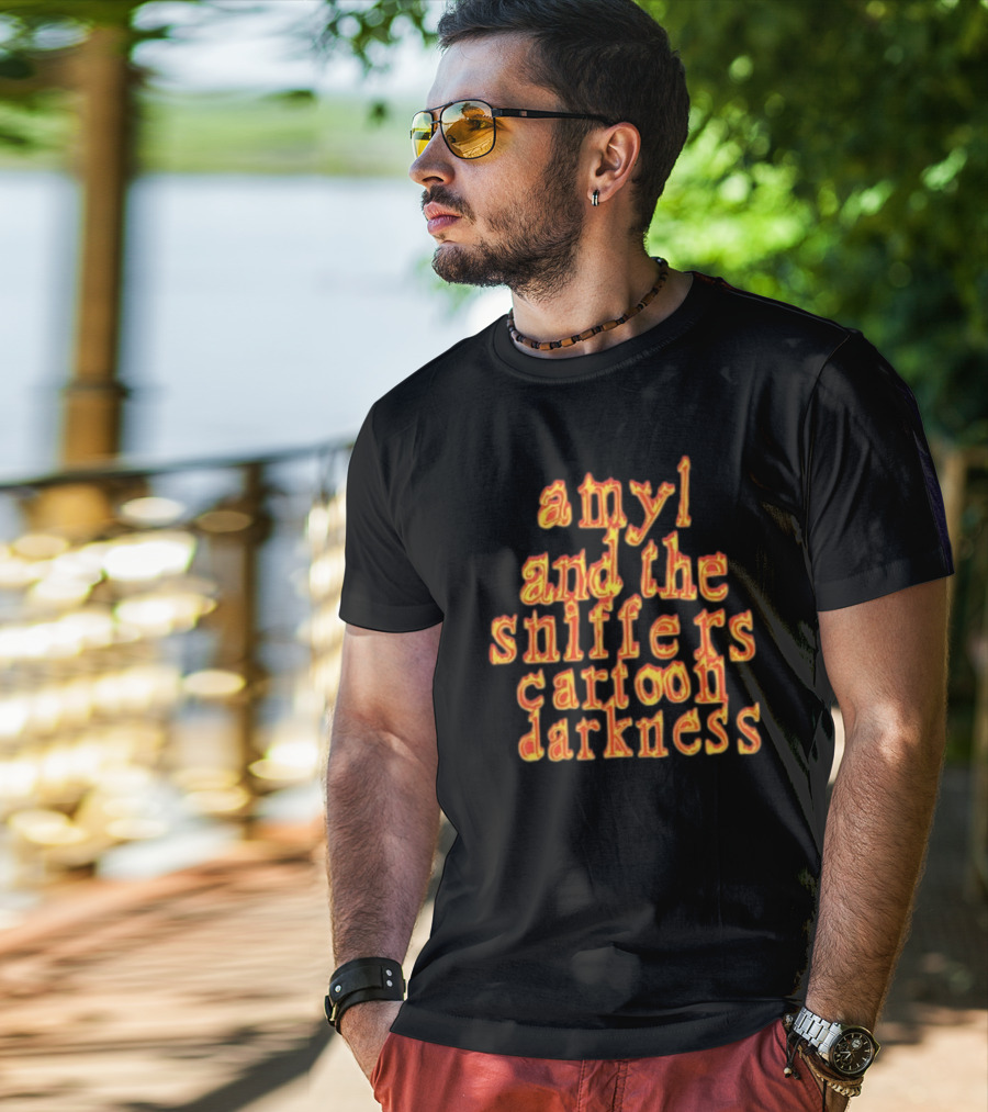 Amyl And The Sniffers Cartoon Darkness Flame Text T-Shirt