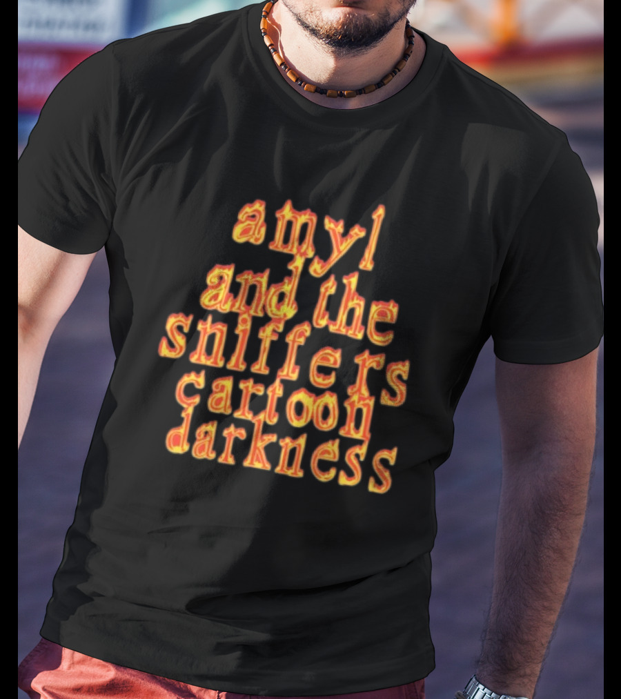 Amyl And The Sniffers Cartoon Darkness Flame Text T-Shirt