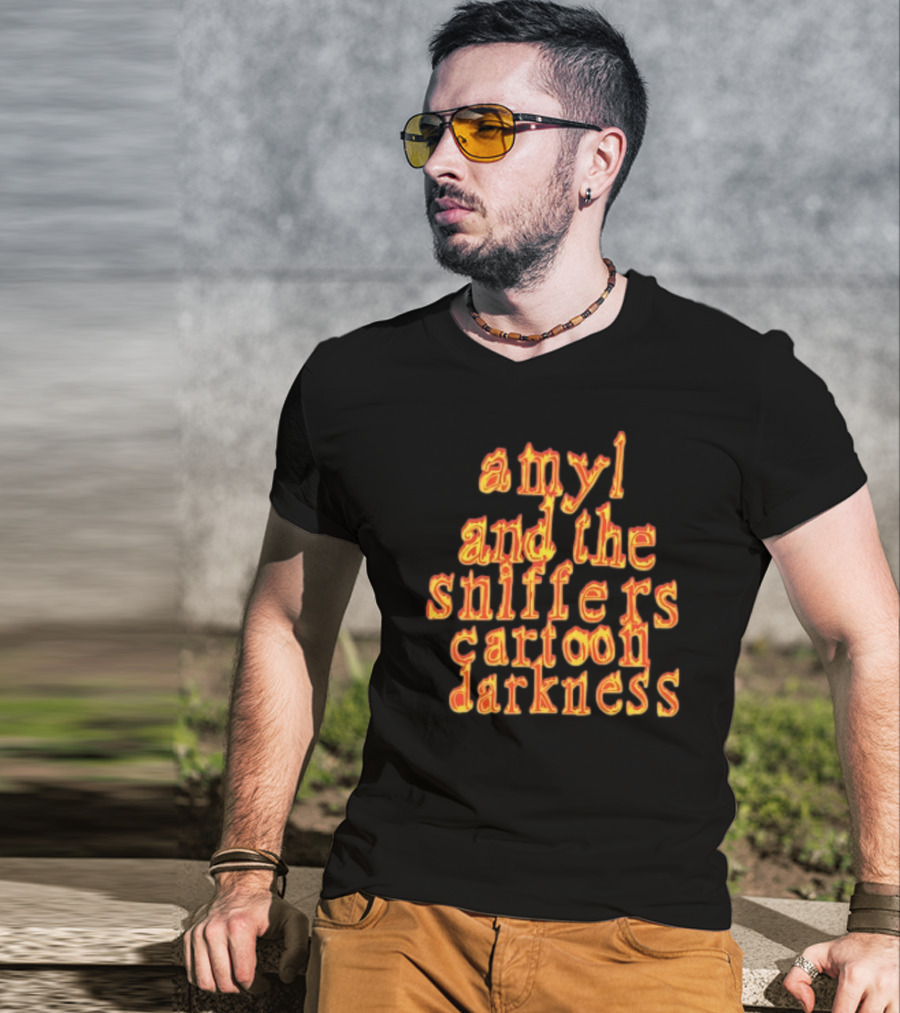 Amyl And The Sniffers Cartoon Darkness Flame Text T-Shirt