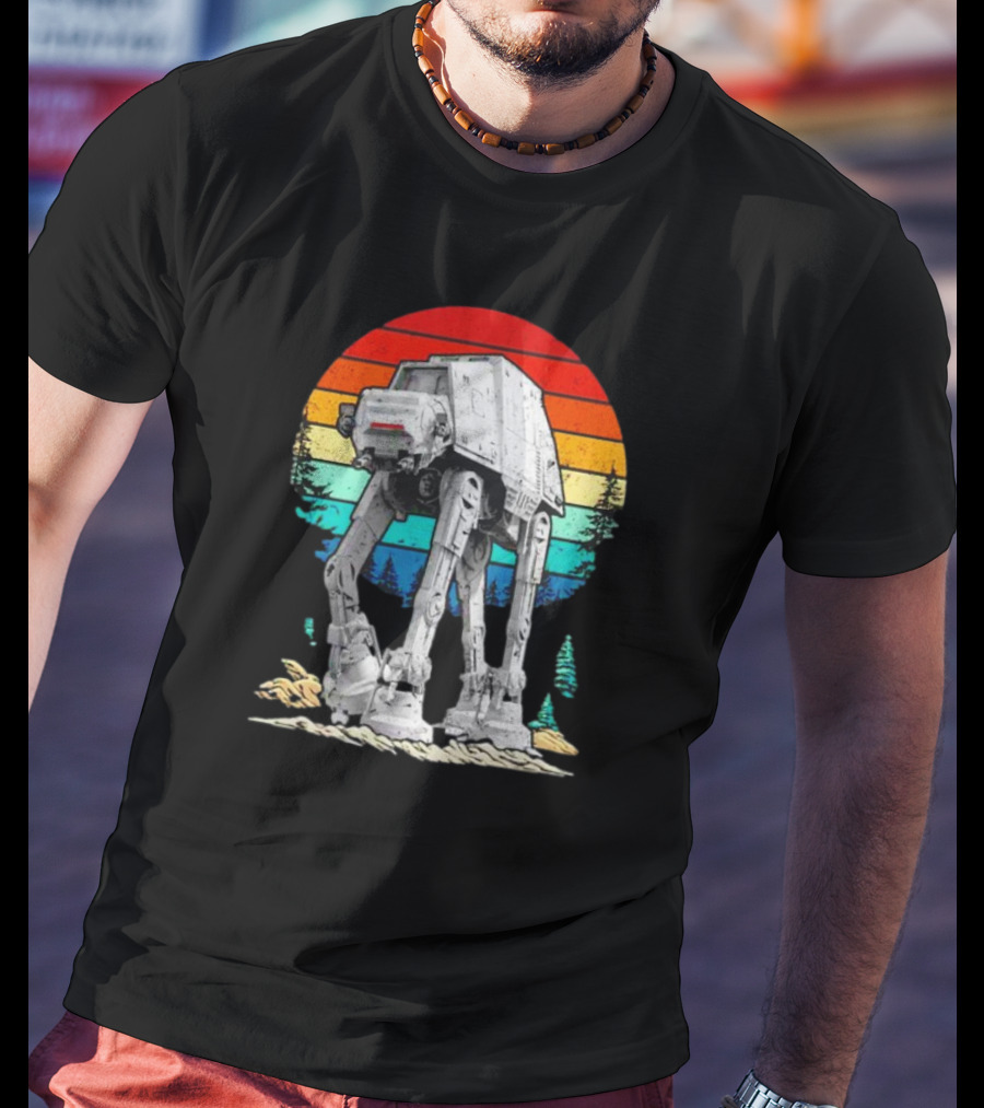 AT-AT Against A Retro Rainbow Sunset Vintage Walker T-Shirt