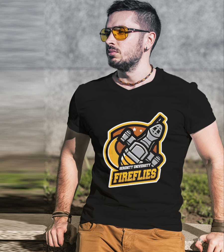 Serenity University Fireflies Spaceship Logo With Stars And Moon T-Shirt