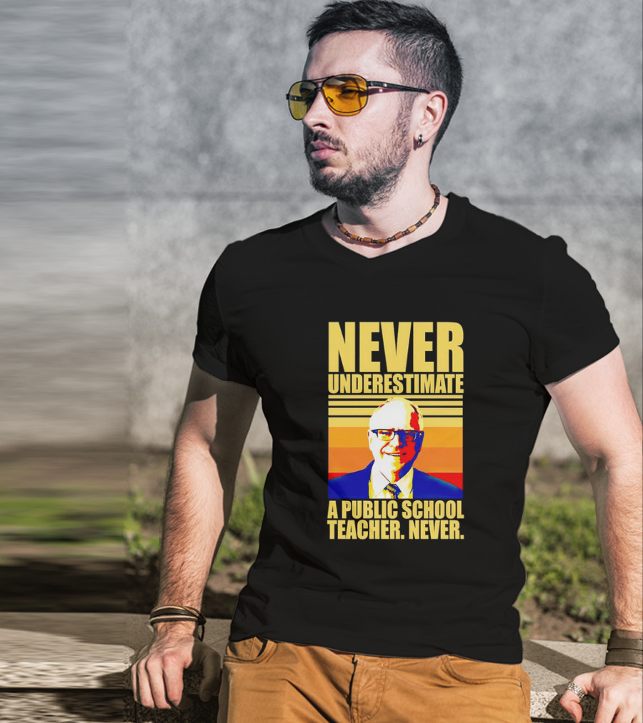 Never Underestimate A Public School Teacher Never Tim Walz Vintage Retro Stripes T-Shirt