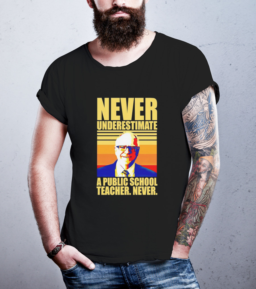 Never Underestimate A Public School Teacher Never Tim Walz Vintage Retro Stripes T-Shirt