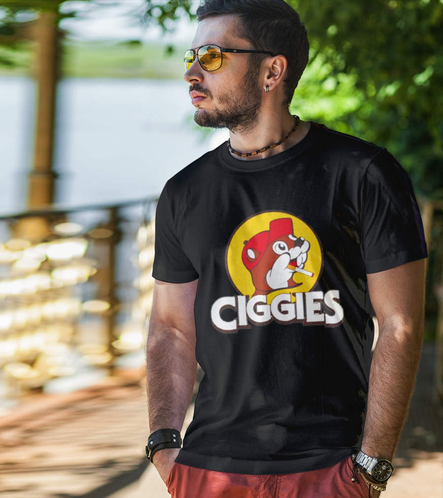 Buc-ees Ciggies Beanie Wearing Animal Carton Smoking Humorous T-Shirt
