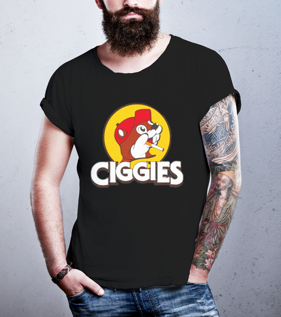 Buc-ees Ciggies Beanie Wearing Animal Carton Smoking Humorous T-Shirt