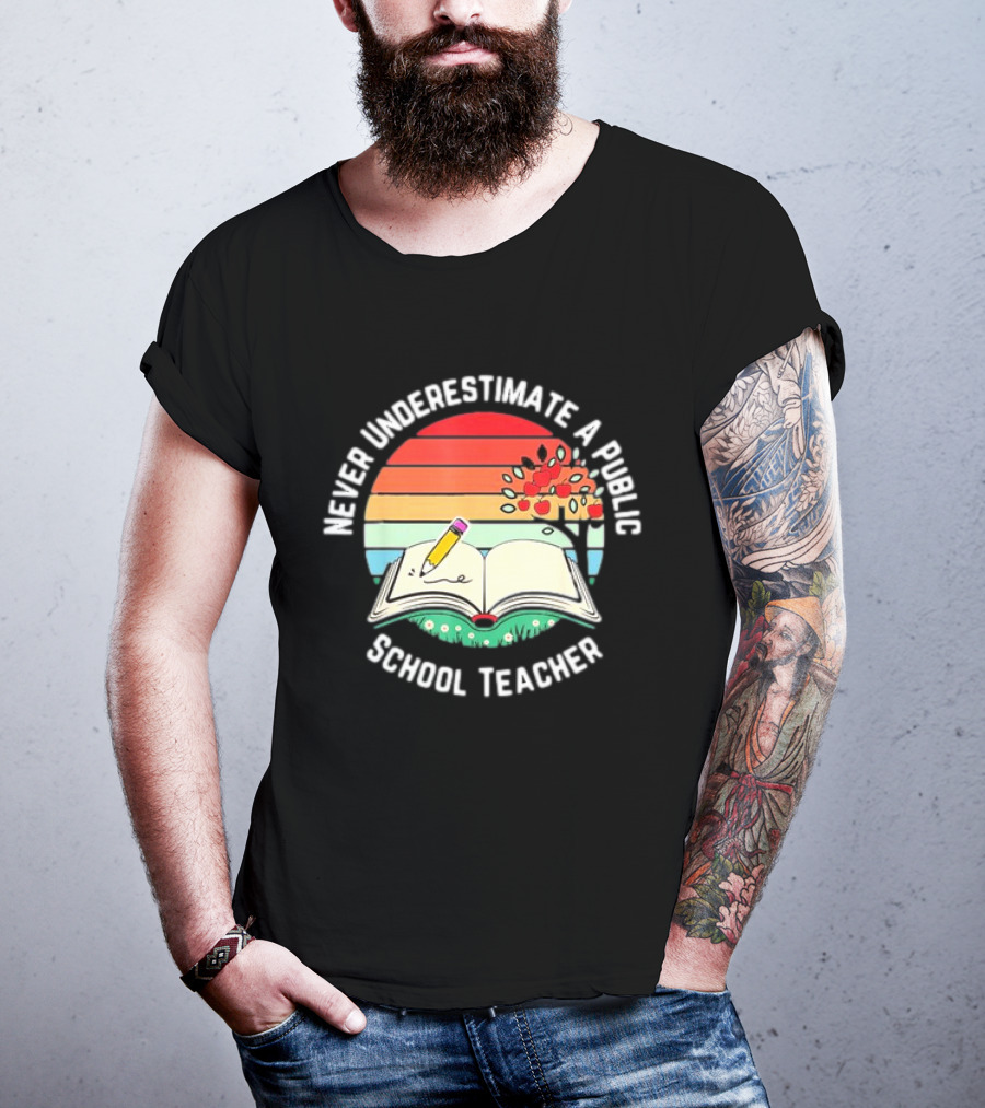 Never Underestimate A Public School Teacher Retro Vintage Open Book Pencil Sunset T-Shirt