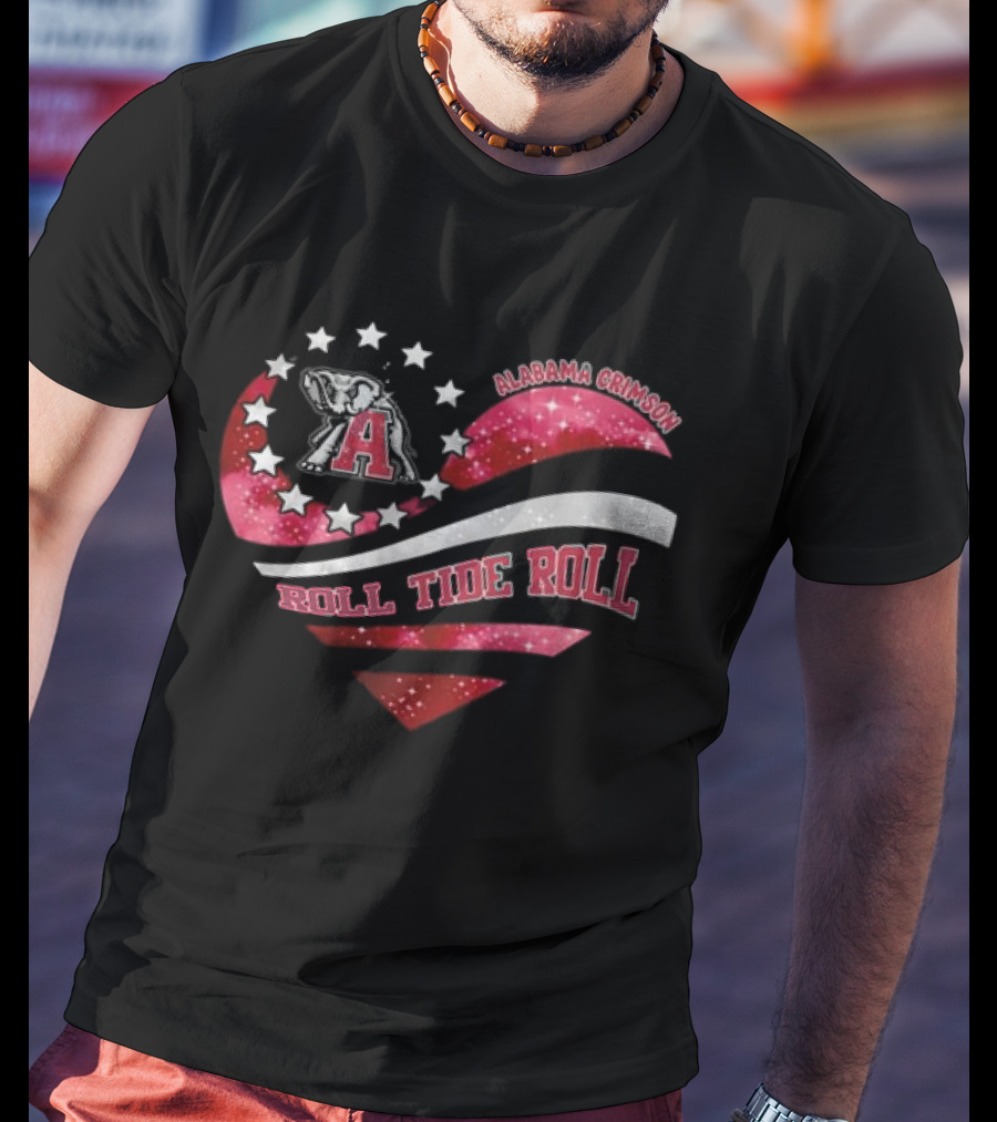 Alabama Crimson Roll Tide Roll Heart With Elephant And Stars T-Shirt