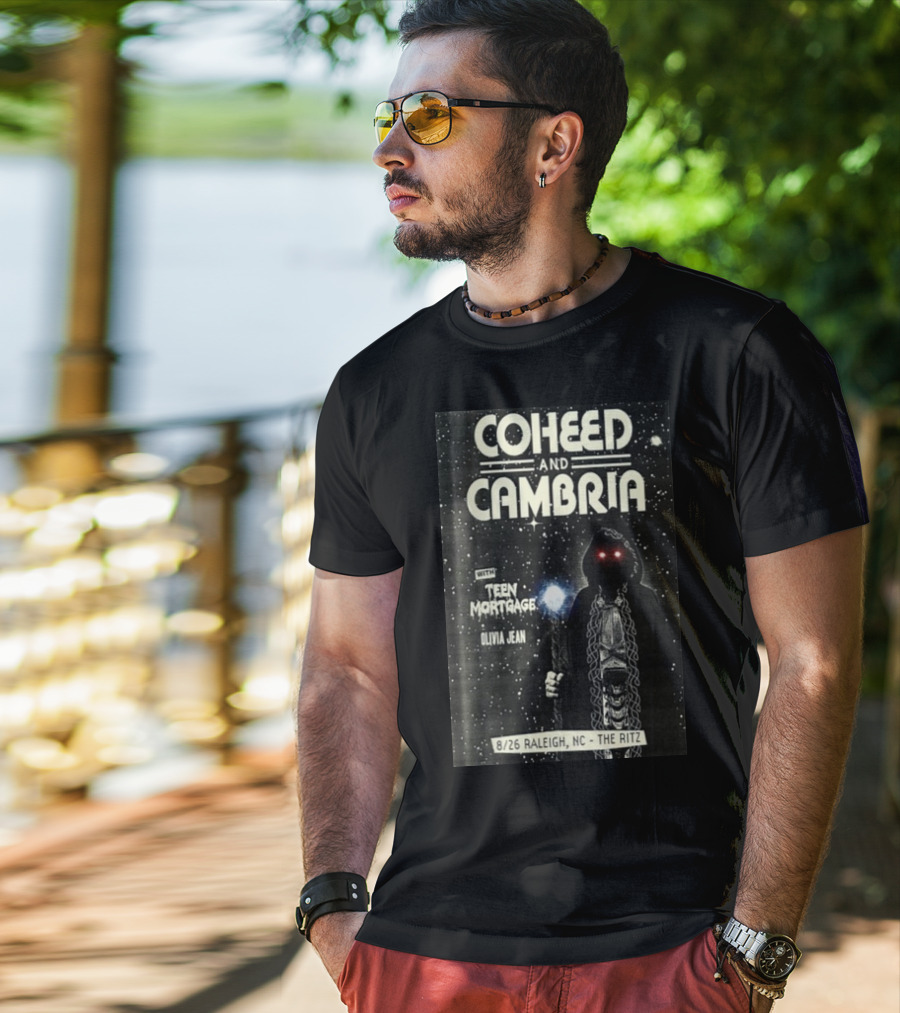 Coheed And Cambria 8/26 Raleigh NC The Ritz With Teen Mortgage Olivia Jean Mysterious Hooded Figure With Cosmic Background T-Shirt