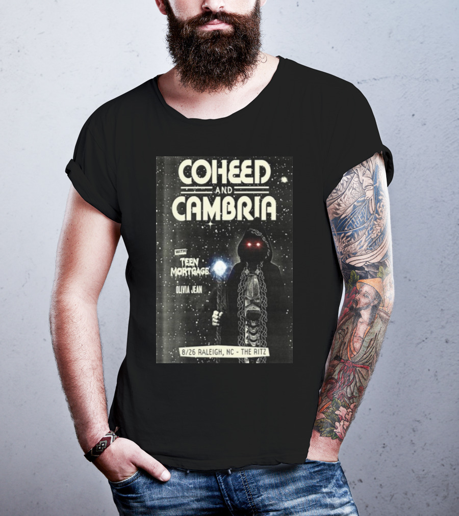 Coheed And Cambria 8/26 Raleigh NC The Ritz With Teen Mortgage Olivia Jean Mysterious Hooded Figure With Cosmic Background T-Shirt