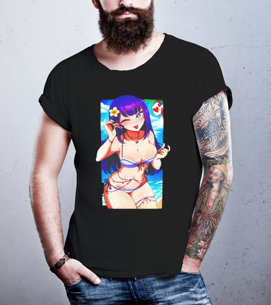 Hot Waifu Chika Fujiwara V2 Beach Anime Girl Winking Playing Card Flower Bikini T-Shirt