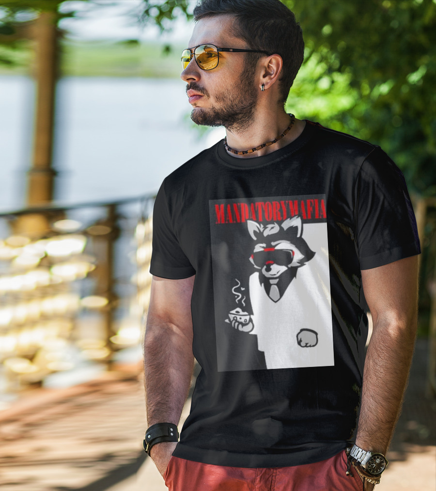 MANDATORY MAFIA RACCOON WITH COFFEE IN SUIT AND SUNGLASSES T-Shirt