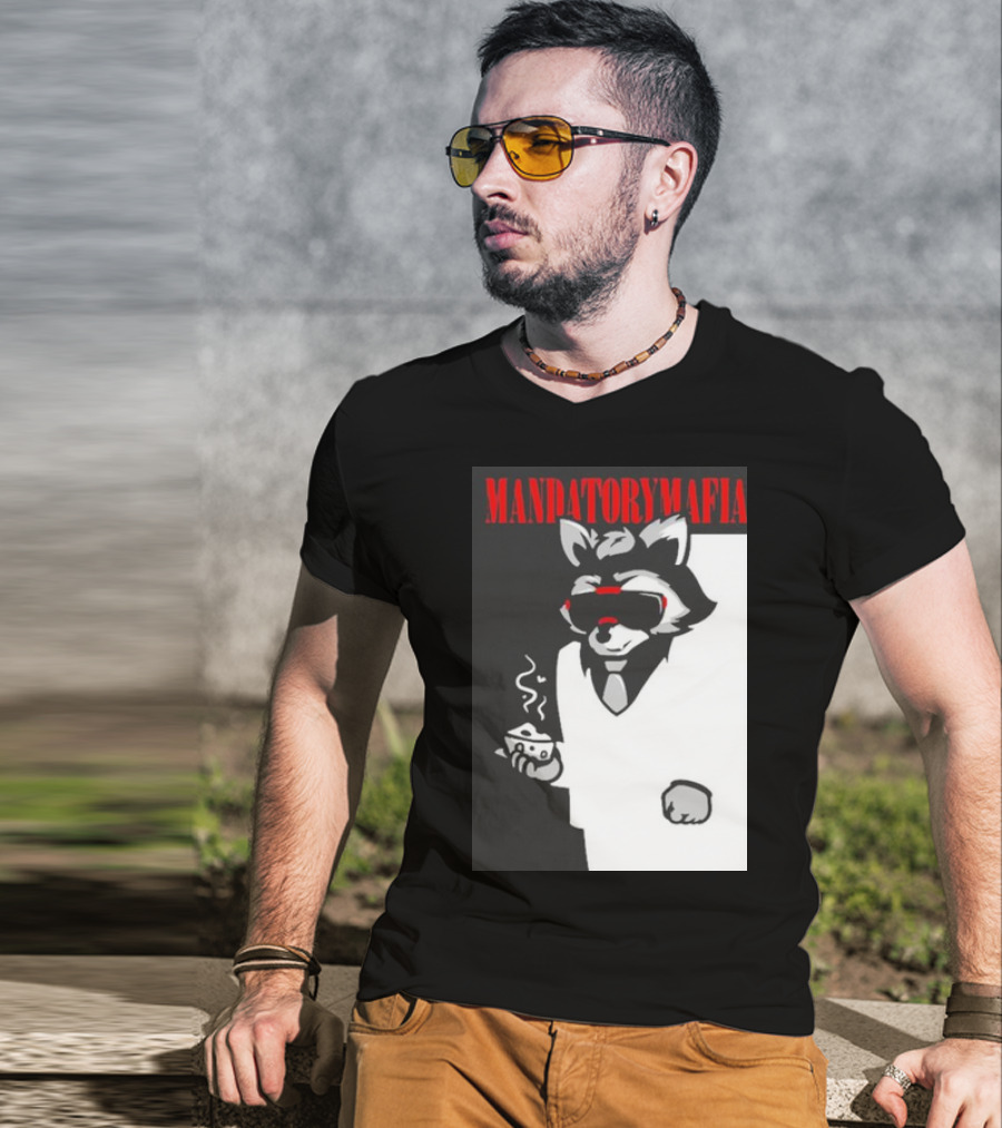 MANDATORY MAFIA RACCOON WITH COFFEE IN SUIT AND SUNGLASSES T-Shirt
