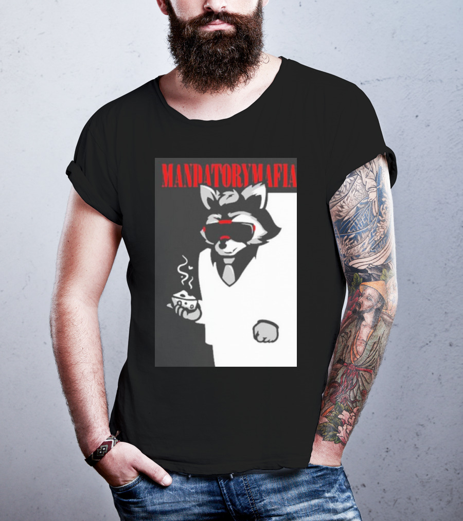 MANDATORY MAFIA RACCOON WITH COFFEE IN SUIT AND SUNGLASSES T-Shirt