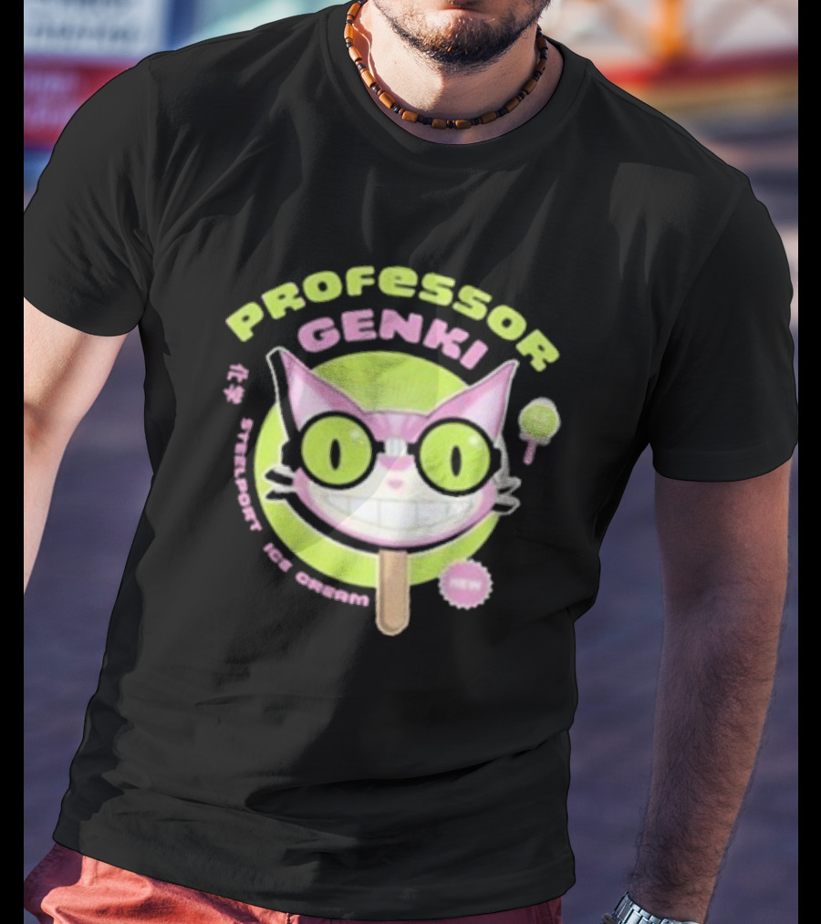 Professor Genki Steelport Ice Cream Cat Neon Green Pink Fun T-Shirt