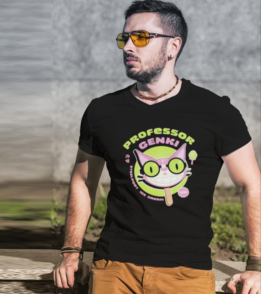 Professor Genki Steelport Ice Cream Cat Neon Green Pink Fun T-Shirt