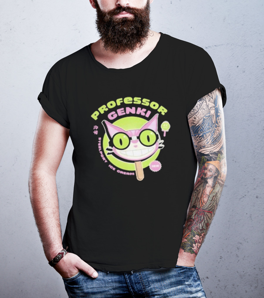 Professor Genki Steelport Ice Cream Cat Neon Green Pink Fun T-Shirt