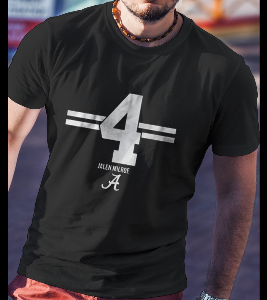 Alabama Football Jalen Milroe Number 4 Striped Silver T-Shirt