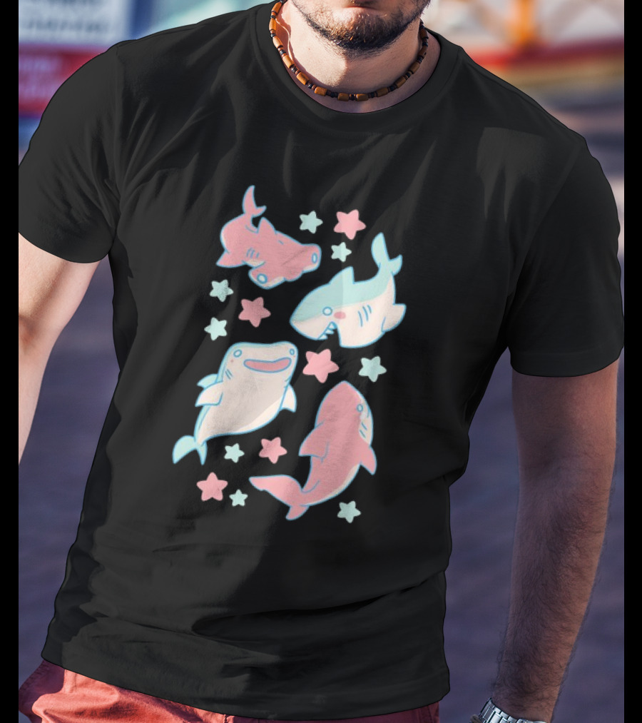 Happy Cartoon Sharks And Stars T-Shirt