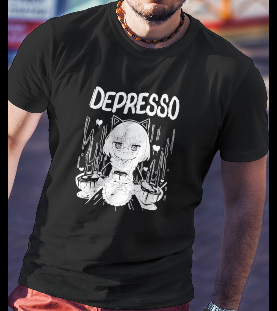 Depresso Cat-Eared Maid With Coffee Cups And Sad Expression T-Shirt