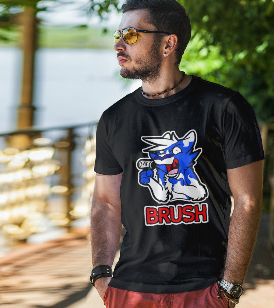 Fox Brush Cartoon Blue And White Character With Microphone T-Shirt