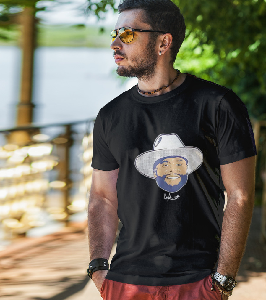 Dak Prescott Dallas Cowboys Big Head Signature Cowboy Hat T-Shirt