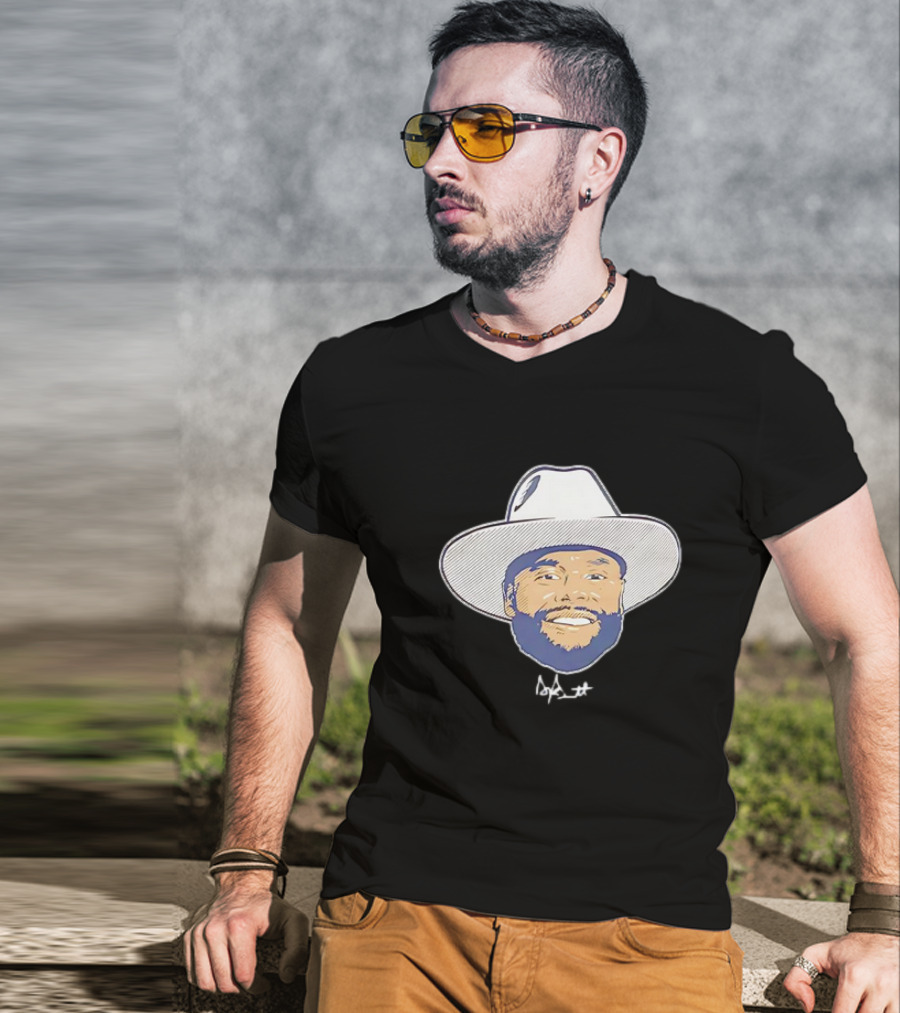 Dak Prescott Dallas Cowboys Big Head Signature Cowboy Hat T-Shirt